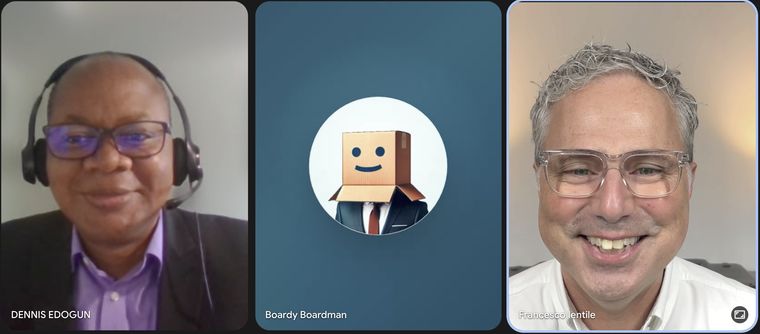 Video call screenshot. Dennis Edogun, an AI avatar named Boardy Boardman, and Francesco Ientile, all smiling.