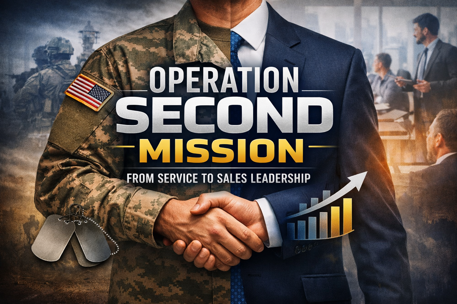 Veteran shown transitioning from military uniform to business suit, symbolizing career growth through Operation Second Mission leadership and sales training.