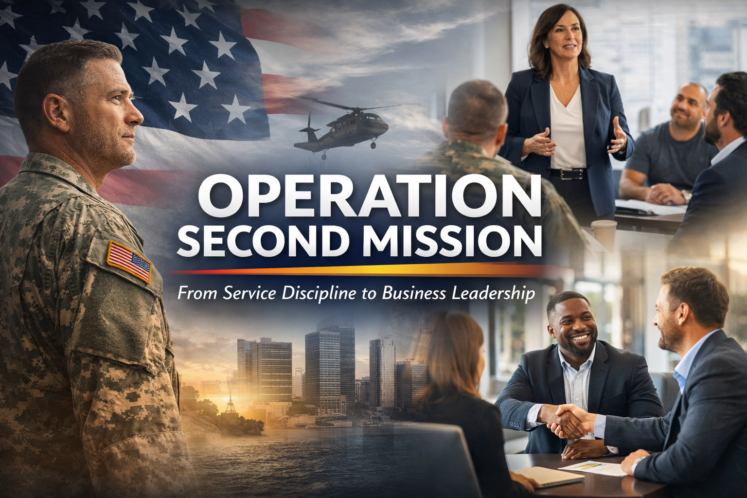 Veteran shown transitioning from military uniform to business suit, symbolizing career growth through Operation Second Mission leadership and sales training.